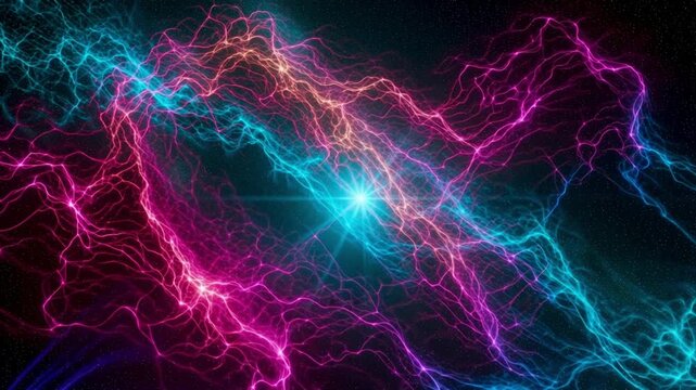 Energetic abstract waves dance in a cosmic display of pink and blue light, perfect for science visuals or dynamic backgrounds, adding a futuristic vibe. ai generative video