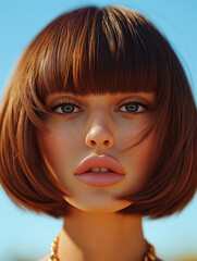 Close-up portrait of a young woman with a blunt bob haircut, pink lips, and intense eye contact under clear daylight. High fashion beauty aesthetic with a hyper-realistic style.