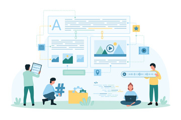 Blog content management and creation vector illustration. Cartoon tiny people update information in database with website service system, authors and admins manage text articles and documents online © Flash Vector