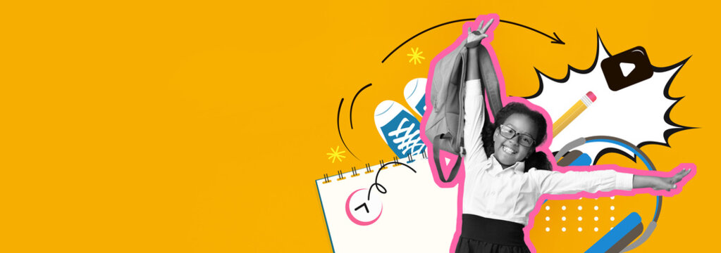 A cheerful child expresses joy while surrounded by colorful elements representing creativity and education. The setting features playful graphics, including shoes, a notebook, and school supplies.