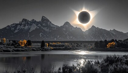 A grayscale landscape featuring snow-capped mountain peaks, a reflective lake, and fall-colored trees. The sun's corona is visible during a total solar eclipse