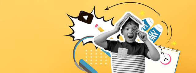 A happy boy holds a book over his head while expressing excitement. Around him, school supplies and playful designs create a lively scene full of energy and creativity.