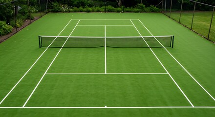 Fototapeta premium Pristine Green Tennis Court with White Lines and Net, Ready for Play.