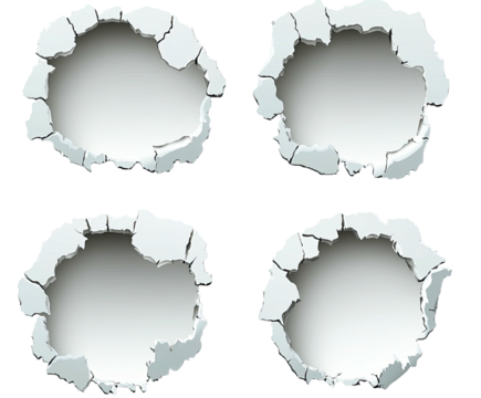 Four torn, ragged-edged holes in white material on a black background - Powered by Adobe