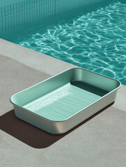 A mint green baking tray partially filled with water sits beside a turquoise tiled pool under sunlight. Modern surreal composition blurring the line between kitchen and leisure.