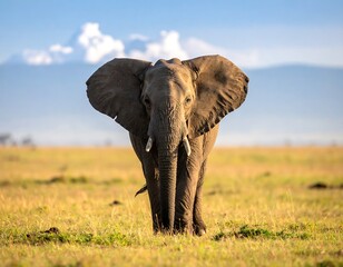 Fototapeta premium A majestic elephant gazes directly at the viewer, standing proudly in an open grassy field under a clear blue sky with distant hills