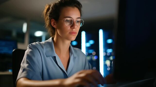 A computer scientist uses AI on an PC for server room diagnostics on a generic diagnostic interface processing datasets screens showing training visuals server racks glowing