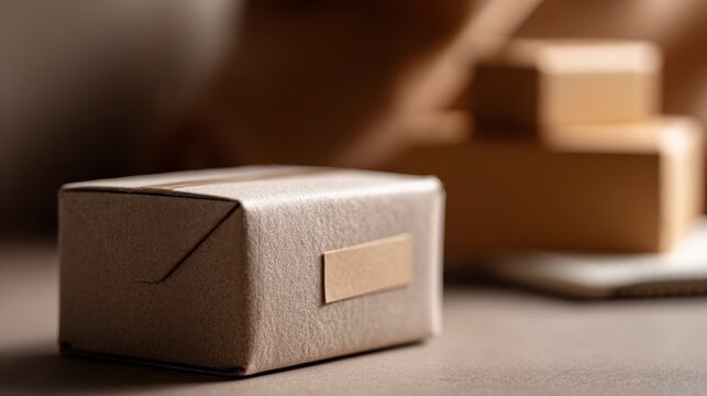 E-commerce Workflow: Shipping label on packing area with paper boxes
