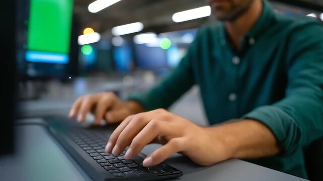 A server farm IT professional uses a green screen PC to deploy deep learning tools on a generic training interface managing AI training datasets server racks humming AI deep