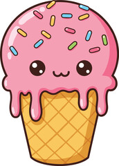 Cute kawaii ice cream cone illustration, pink scoop with sprinkles, smiling cartoon dessert, melting waffle cone, adorable character design, playful sweet treat clipart, colorful vector art