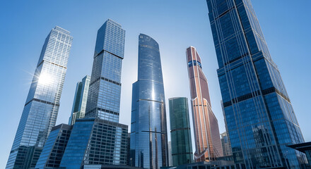Fototapeta premium Modern City Skyscrapers Gleaming Glass Facades Impressive Urban Architecture Towering Structures Against Clear Blue Sky Business District Financial Center Urban Landscape Landmark Cityscape