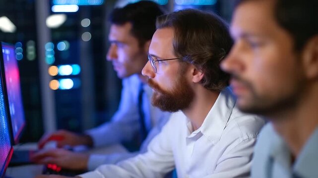 Worried computer scientists in a data center huddle around a monitor flashing a virus alert on a generic security interface typing frantically to secure systems server racks