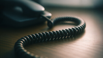 An antique phone cord in the moody lighting evokes a sense of vintage communication and nostalgia. The close-up detail reveals the intricate texture of the coiled wire.