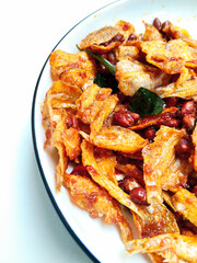 Deliciously Spicy Sweet and Savory Cotton Fish Chili Dish Close Up Detail