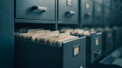 A detailed view of file cabinet, showcasing organized documents within a secure environment. Capturing the essential function of information management and archival storage.