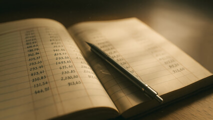 An old ledger book lies open with a pen poised, inviting exploration. The image evokes a sense of timeless accounting and intellectual pursuit.