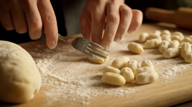 Making Fresh Potato Gnocchi on Wooden Board With Fork
