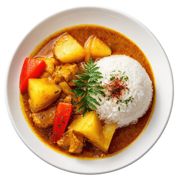 Overhead shot of Japanese curry, rice, potatoes, peppers in white bowl