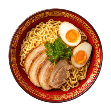 Overhead view of a bowl of ramen with noodles, pork belly, and a halved egg