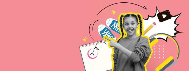 A lively collage features a young girl with braids joyfully pointing at a pair of sneakers and a calendar. Colorful graphics surround her, adding energy to the scene. © Prostock-studio