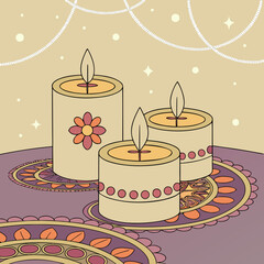Candle light and bokeh background celebrate Indian Holiday Diwali. 