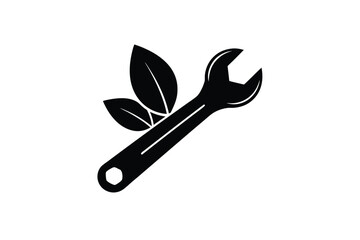 Simple wrench with a green leaf on a white background