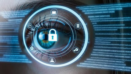 Close-up of a female eye with digital security interface, showcasing biometric technology and data protection concepts, emphasizing privacy and innovation in modern security systems - Powered by Adobe