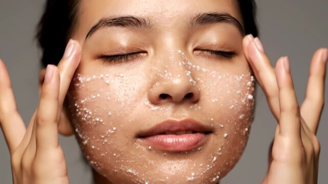 Closeup of a young womans face as she applies a facial scrub, her eyes closed in relaxation and her skin glowing vector illustration