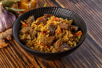 Asian traditional pilaf with beef