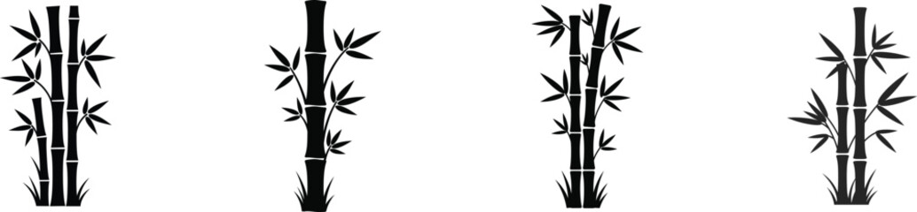 Four stylized bamboo stalks with delicate leaves in a simple black and white graphic style suitable for decorative accents silhouette