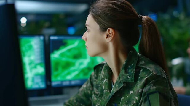 Army experts in a server room deploy AI on a green screen PC for defense modernization using generic tactical dashboards; uniforms display generic non identifiable patches