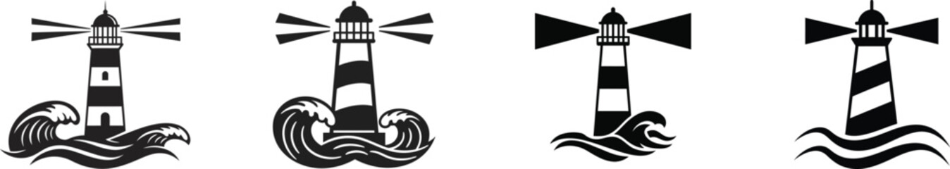 Collection of four distinct lighthouses with nautical elements such as waves rocks and anchors detailed line art style silhouette