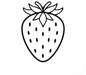 Simple outline drawing of a fresh strawberry fruit with seeds and leaves perfect for design