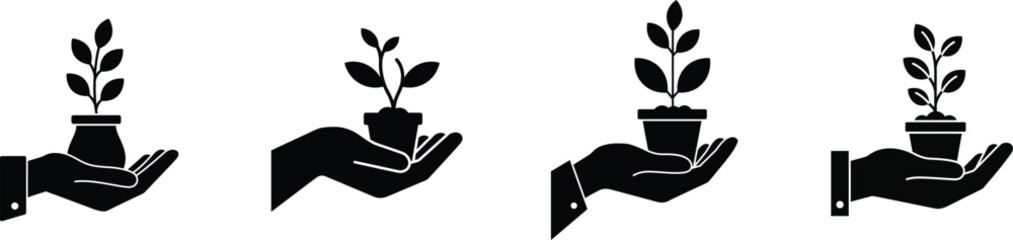 Four hands gently holding potted saplings symbolizing care growth and new beginnings sustainable development and environmental protection concepts silhouette