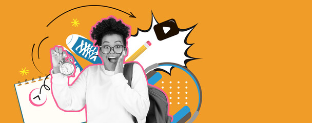 A person expresses joy while holding a stopwatch, surrounded by vibrant elements like stationery...