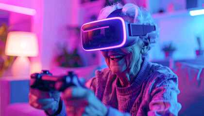 Happy elderly woman enjoying virtual reality gaming experience at home in colorful neon light.