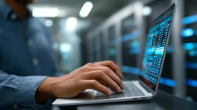 Engineers use AI cognitive computing on laptops to extract data insights on generic calculation panels screens showing complex calculations a data center with server racks