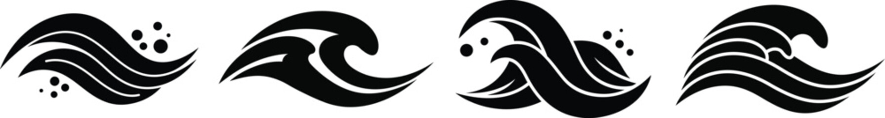 Four black abstract wave designs splash elements stylized ocean water motion dynamic swirls artistic nautical maritime theme silhouette