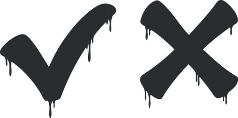 Graphic illustration of a dripping checkmark and cross symbolizing approval and disapproval.