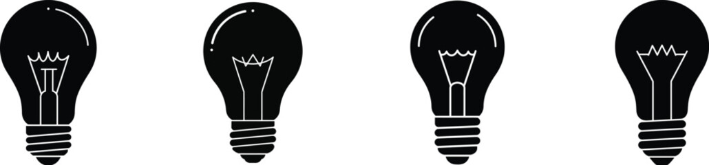 Row of four black incandescent light bulbs in silhouette with glowing filament detail against a for concept of ideas and innovation silhouette