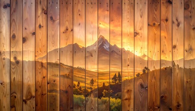A painting on a wood fence depicts a mountain landscape at sunset with warm light. The artwork is vibrant and colorful