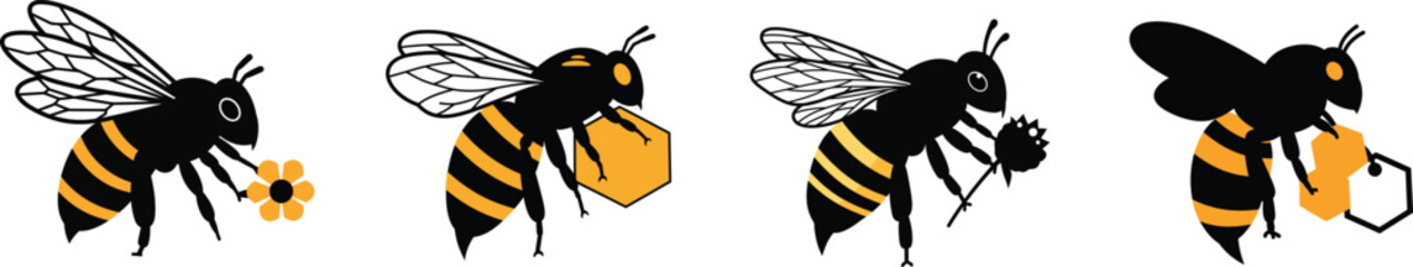 Detailed bumblebee collection gathering pollen and nectar from flowers capturing nature's busy life silhouette