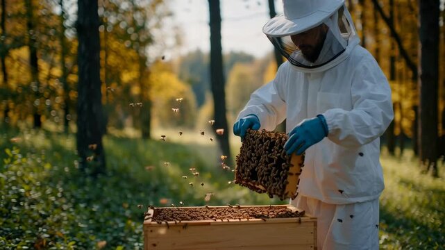 Beekeeper in protective suit inspecting honeycomb frame