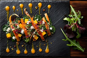 
Gourmet dish with vitamin A-rich foods, baked carrots, sweet potato puree, spinach, top view, flat lay, professional food photography, dark background