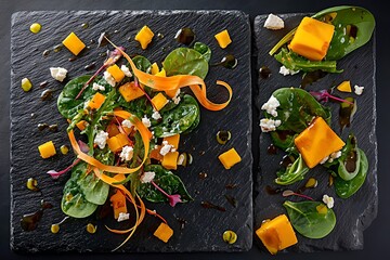 
Gourmet dish with vitamin A-rich foods, baked carrots, sweet potato puree, spinach, top view, flat lay, professional food photography, dark background