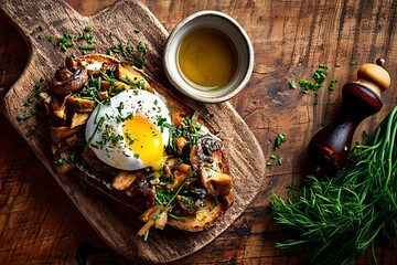  An exquisite gourmet platter featuring sautéed wild mushrooms on toasted sourdough bread, crowned with a perfectly poached egg with a rich, runny yolk. 