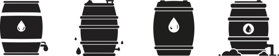 Collection of stylized dark industrial barrels with liquid symbols signifying storage of oil water or other liquids in a flat icon design silhouette