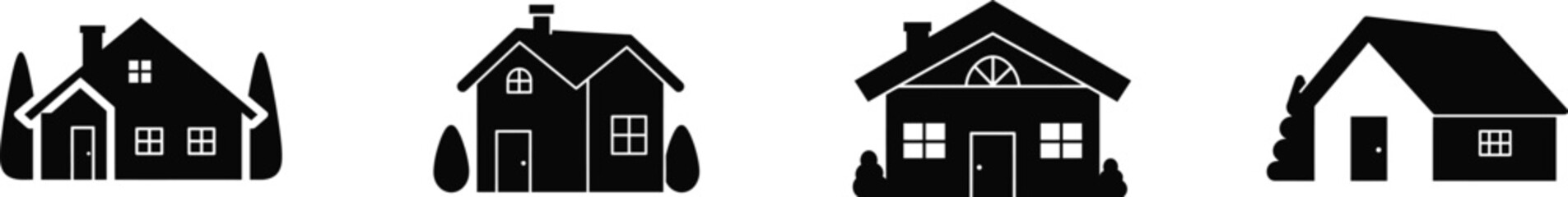Collection of four stylized black silhouettes of different house icons with subtle textured details representing various architectural styles silhouette