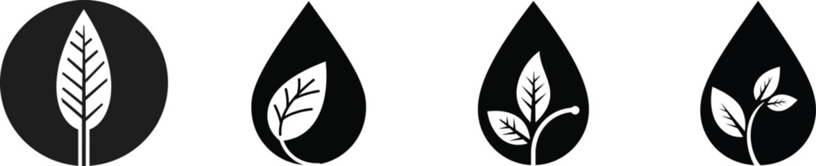 Set of four minimalist organic growth icons including a plant in a circle and three leaves within water drops symbolizing nature sustainability and ecology concepts silhouette