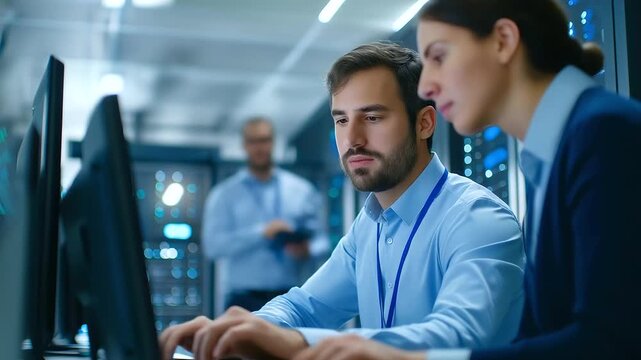 A data center engineering team implements AI virtualization frameworks on generic orchestration dashboards optimizing server clusters screens showing predictive analytics serve